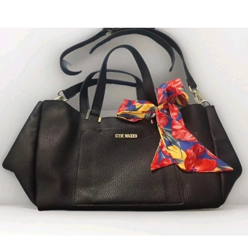 Steve Madden B Parker Black Tote with Colorful Scarf  2 Handles + Crossbody